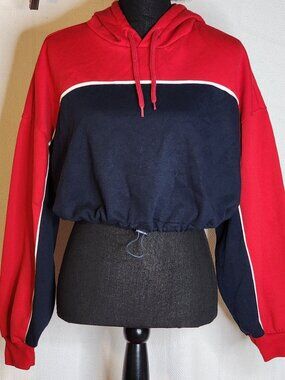 Divided H&M Red White Blue Cotton Poly Lined Hood Toggle Waist Cropped Hoodie L